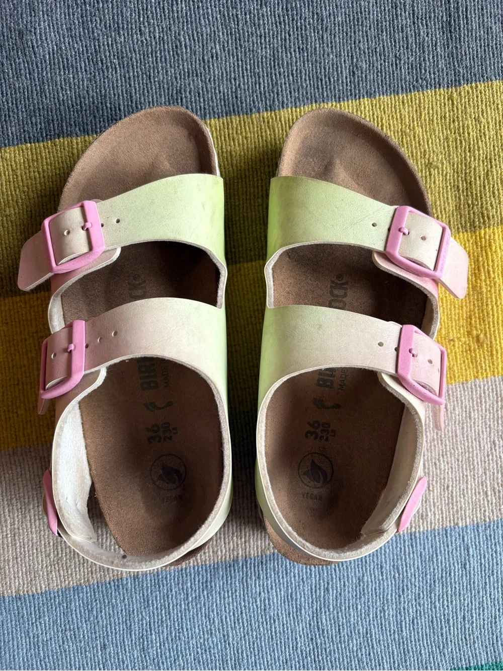Birkenstock Kids Two-Strap Sandals in Pink and Light Green